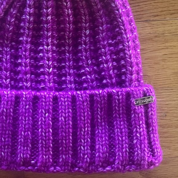 Steve Madden Purple Ribbed Knit Pom Beanie Hat with Faux Fur Top | One Size - Picture 4 of 7